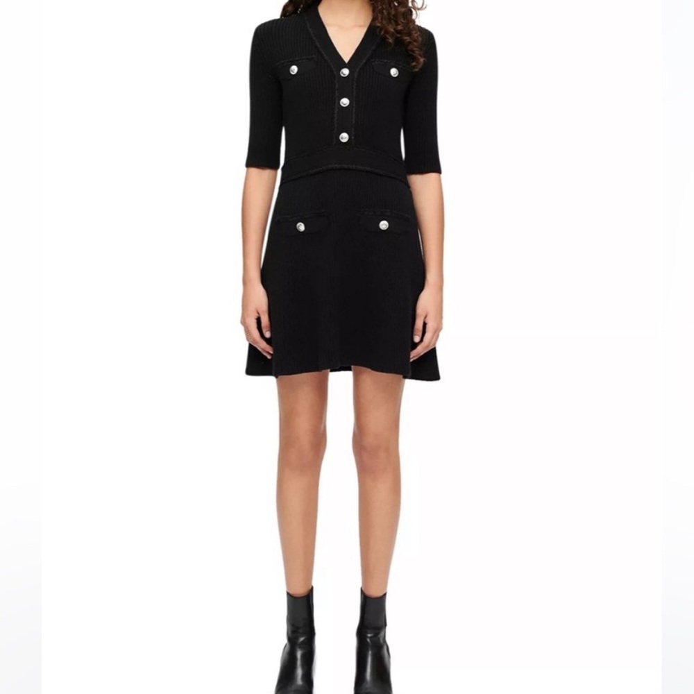 MAJE RIMOSALA RIBBED BLACK DRESS. Size FR 38